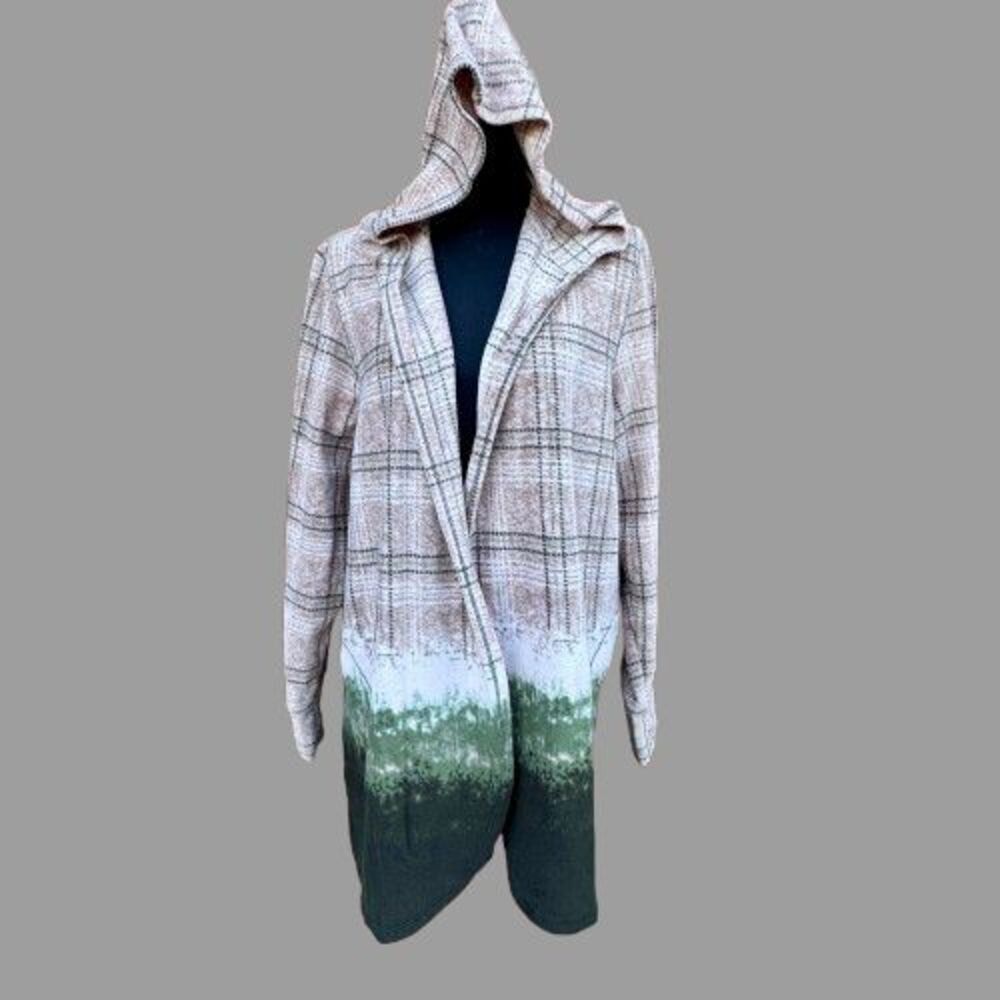 Cuddl Duds Hooded Fleece Cardigan Jacket 2X Tan Green Open Front Thumb Holes